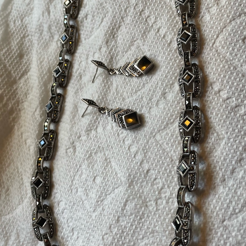 Judith Jack Silver and Black Necklace and Earrings Set